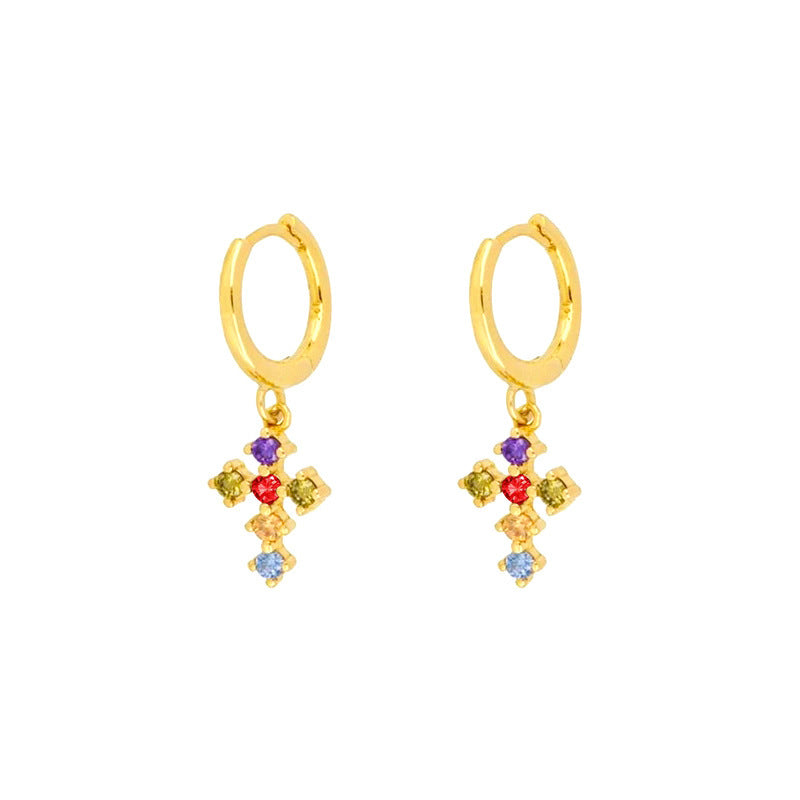 Cross Colorful Crystals Style Light Luxury Design Earrings