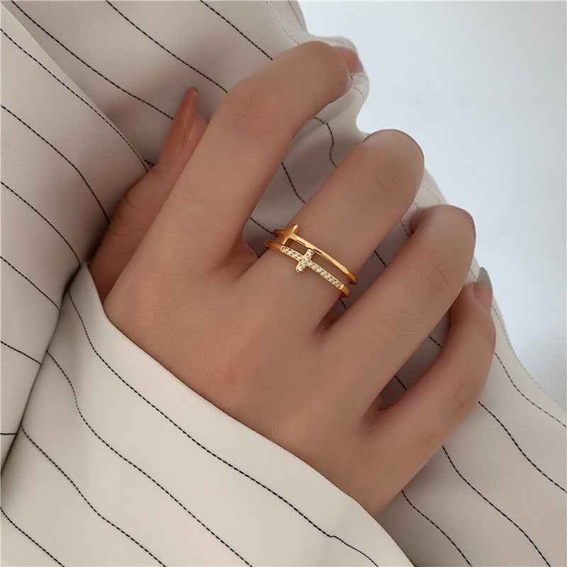 Layer Cross Micro Rhinestone Rose Gold Rings