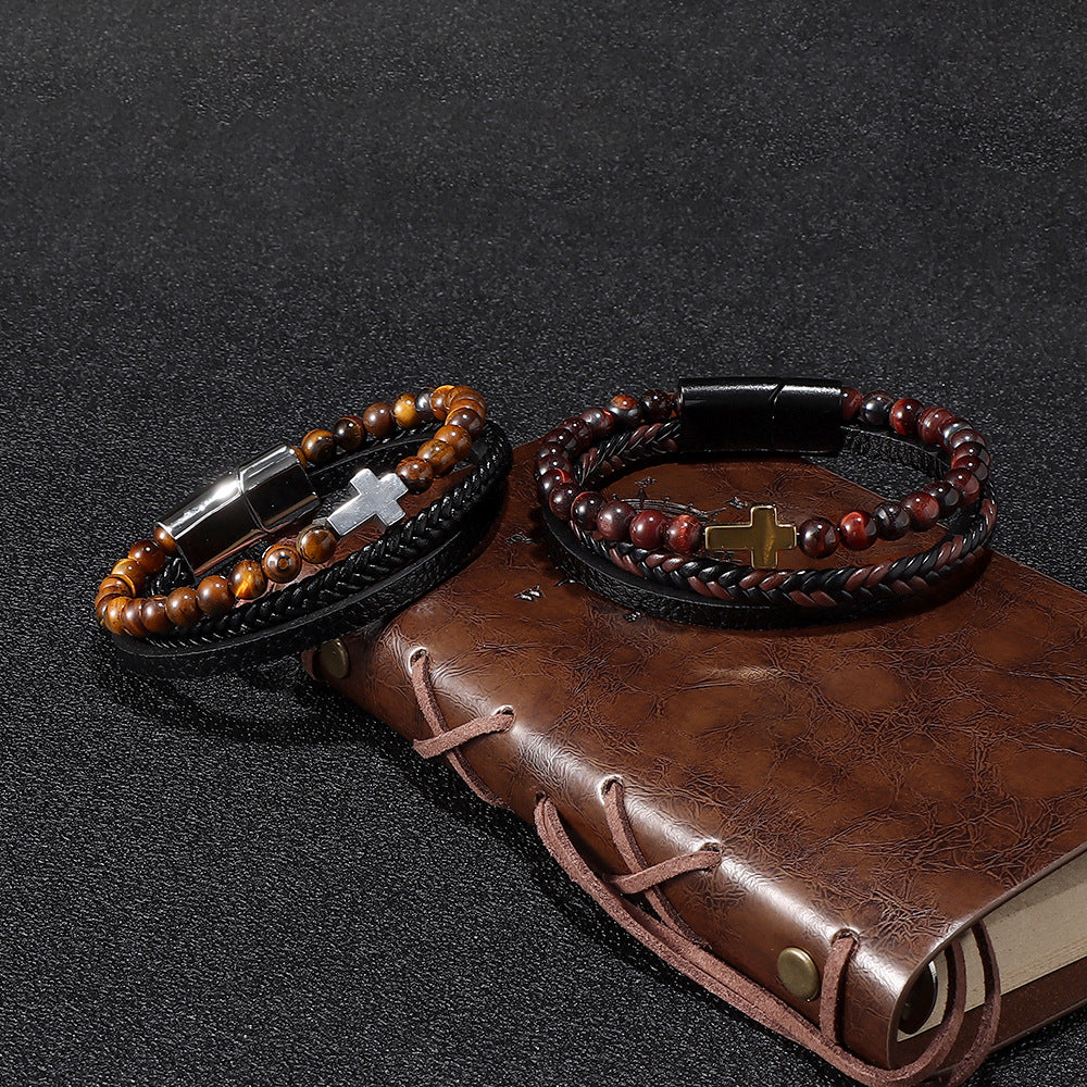 Men's Natural Tigereye Beaded Cross Woven Leather Bracelets