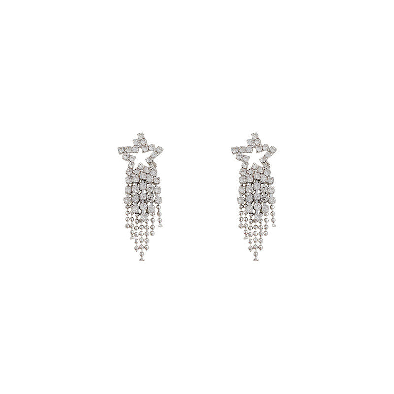 Women's Diamond Pentagram Long Fringe Super Shiny Temperament Personalized Stud Earrings