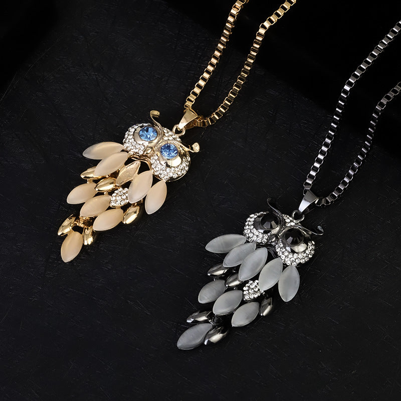 Creativity Design Diamond Long Sweater Chain Owl Necklace