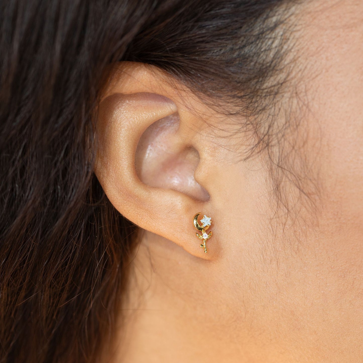 Classic Style Real Gold Star Moon Earrings