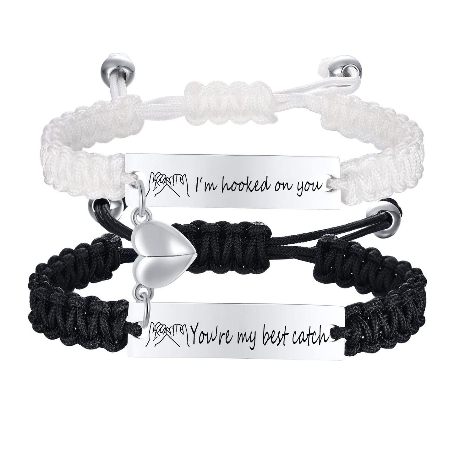 Black White Weaving Rope Woven Heart-shaped Magnetic Bracelets