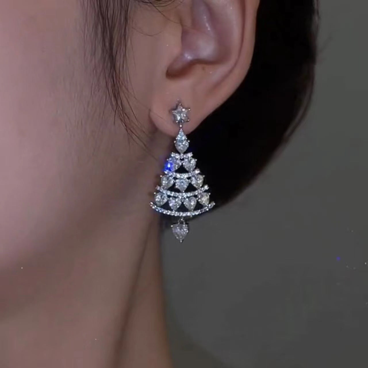 Women's New Christmas Sier Needle Tree Earrings