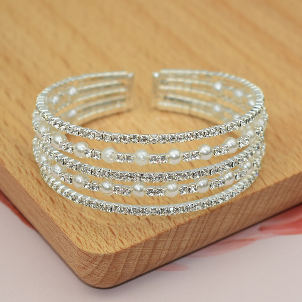 Popular Elegant Rhinestone Pearl Opening Sier-plated Bracelet