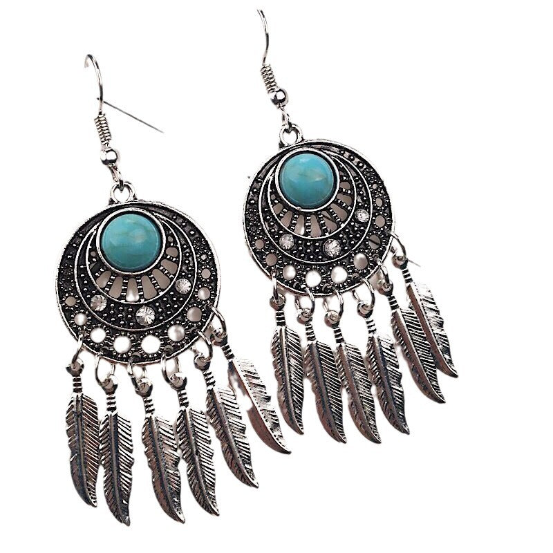 Retro Ethnic Style Leaf Tassel Turquoise Earrings
