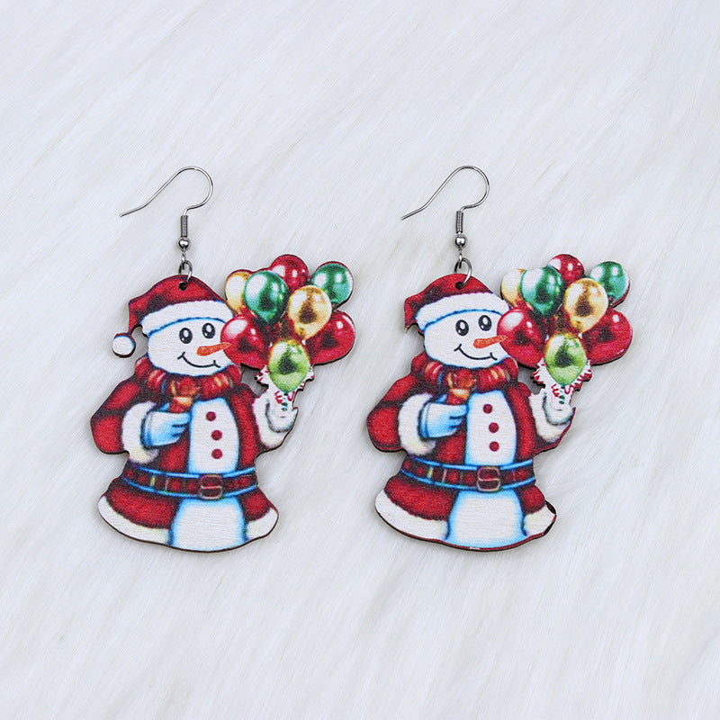 Snowman Bell Santa Claus Simple Wooden Earrings