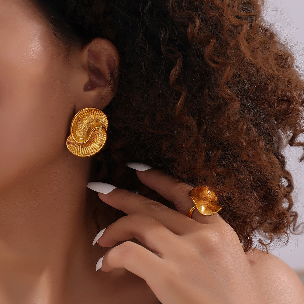 Women's Titanium Steel Gold-plated Water Drop Texture Spiral Asymmetric Color Stud Earrings