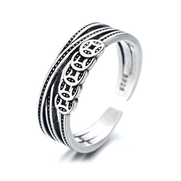 Luck Changing Coin Copper Female Retro Style Personality Chinese Winding Rings