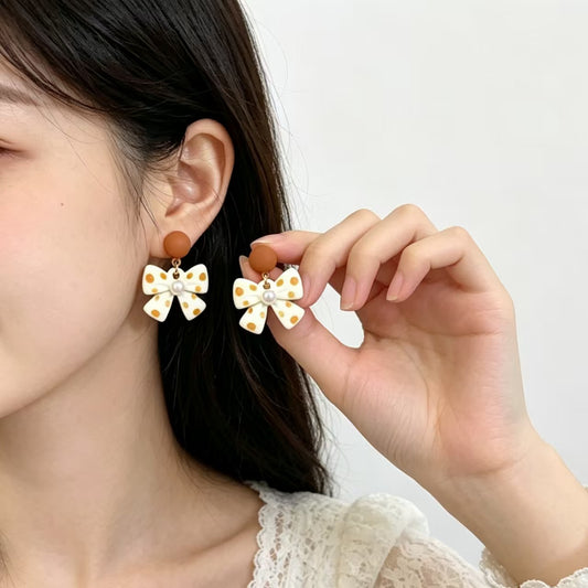 Polka Dot Bow Pearl High-grade Sweet Girlish Ear Earrings