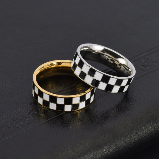 Women's Titanium Steel Epoxy Black White Chessboard Plaid Niche Rings