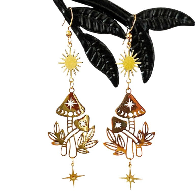 Handmade Mushroom Magic Gold Bohemian Sun Earrings