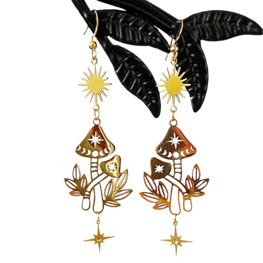 Handmade Mushroom Magic Gold Bohemian Sun Earrings