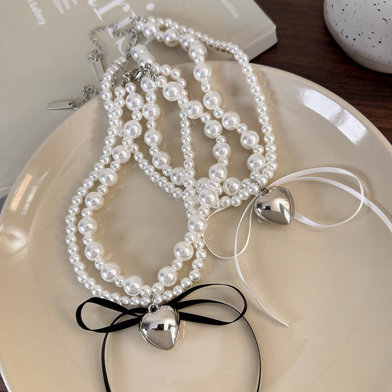 Luxury Minority Pearl Metal Heart Bowknot Ribbon Necklaces