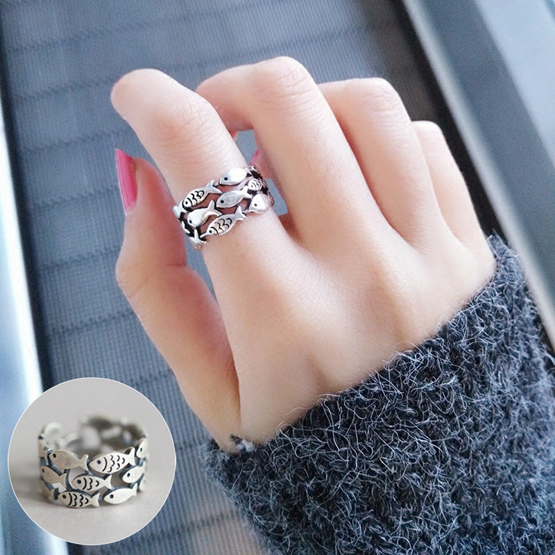 Female Korean Chic Unique Geometric Grid Sier Rings