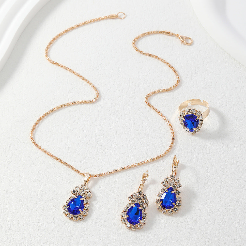 Rose Red Lake Blue Three-piece Rhinestone Necklaces