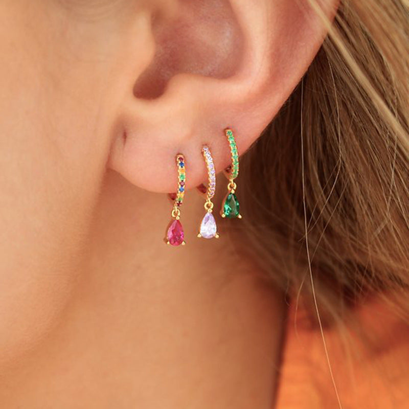 High-grade Color Zircon Water Drop Diamond French Ear Earrings