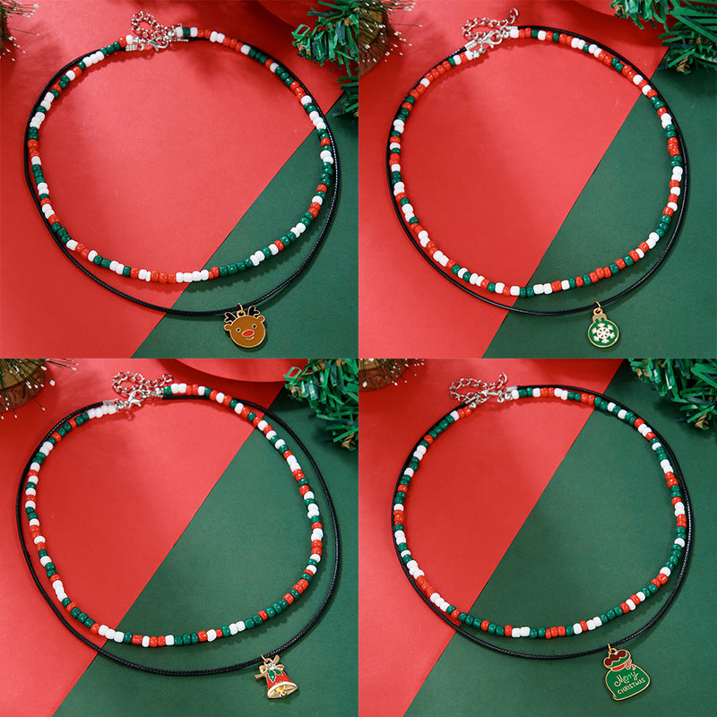 Ornament Christmas Glass Beads Santa Claus Double Layer Necklaces