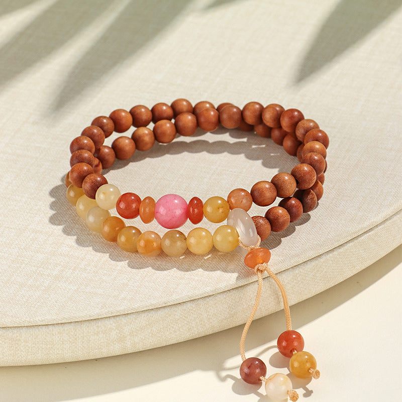 Chinese Style Agate Gold Sandalwood Beaded Double Bracelets