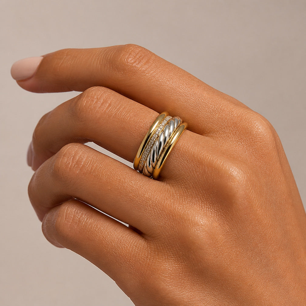 Sier Color Matching Stacked Zircon Twist Geometric Width Rings