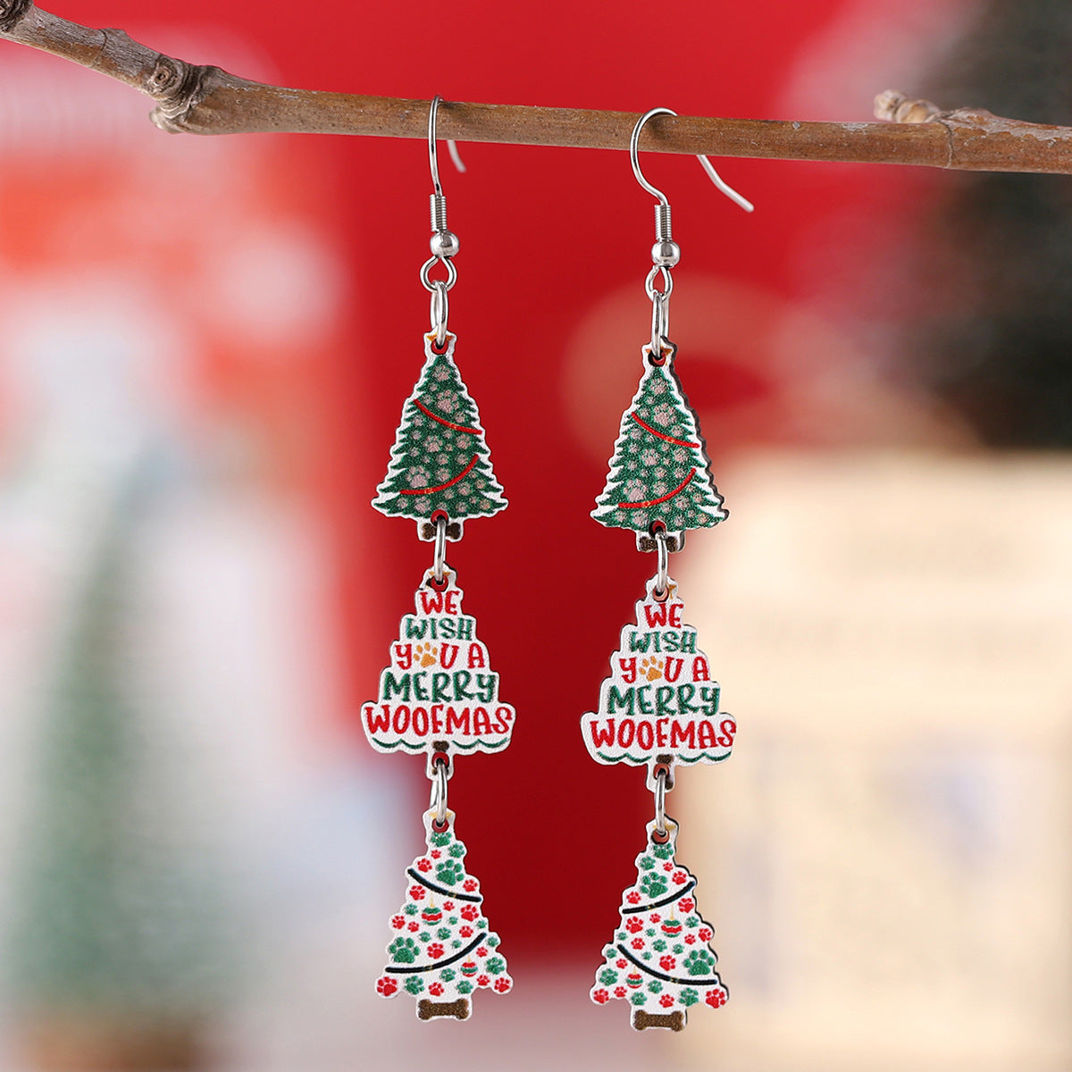 Christmas Colorful Dog's Paw Tree Plaid Earrings