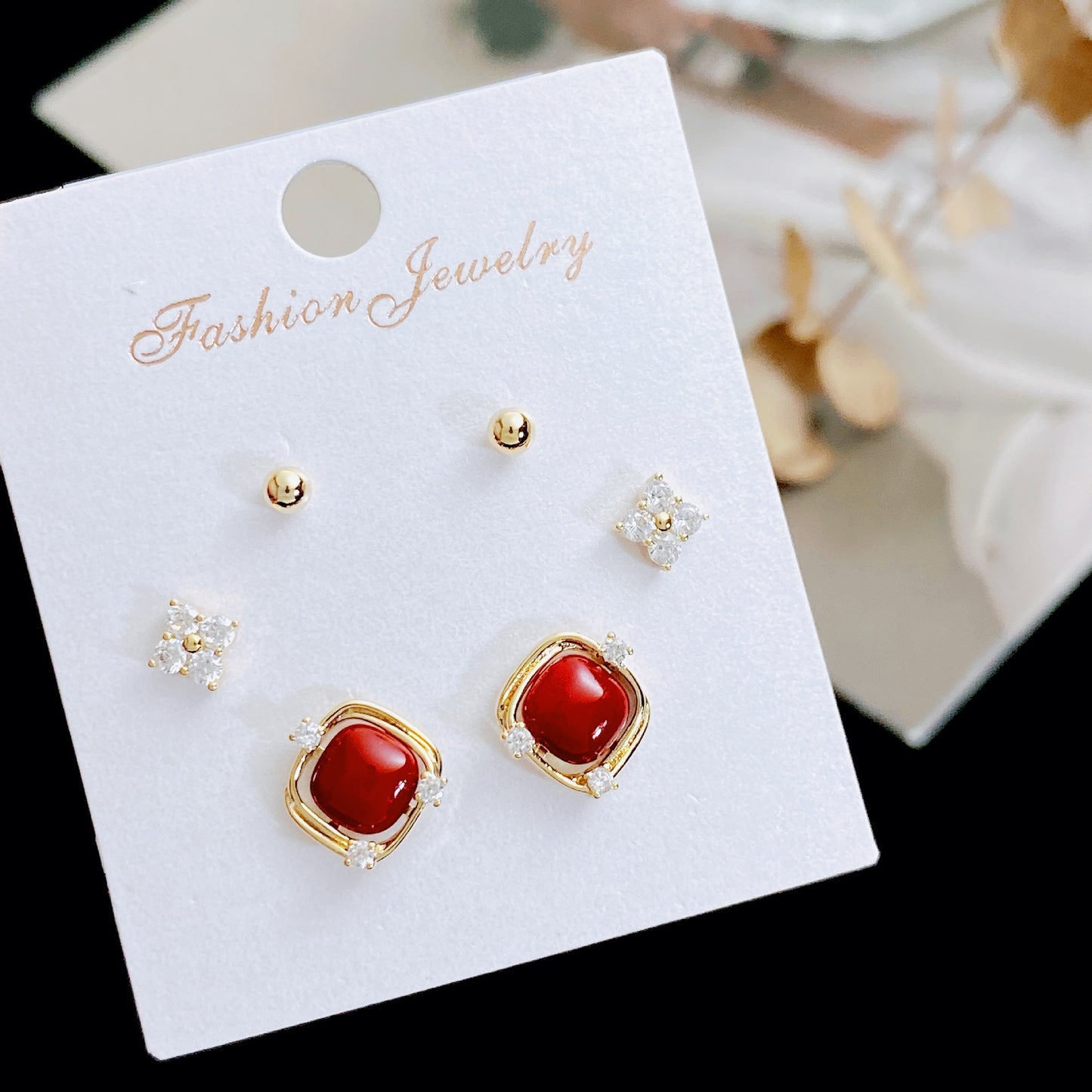 Women's Rhinestone Pearl Three Pairs Storage Ear Earrings