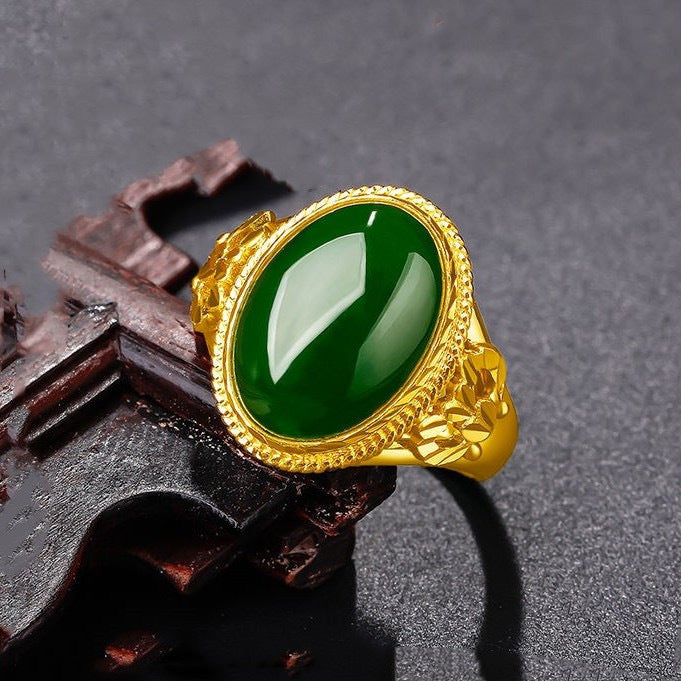 Gold Inlaid Natural Agate Jade Green Chalcedony Retro Fashion With Rings