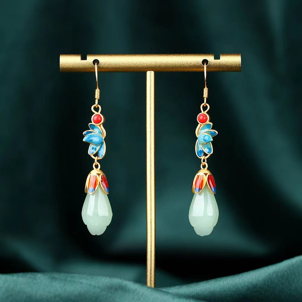 Imitation Jade Epoxy Magnolia National Style Earrings