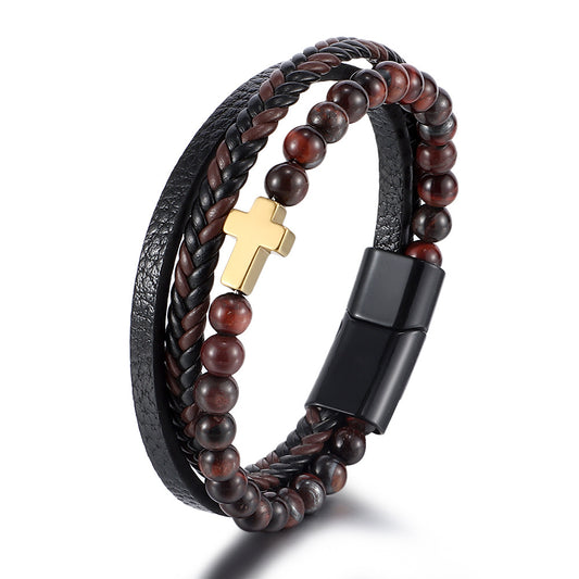 Men's Natural Tigereye Beaded Cross Woven Leather Bracelets