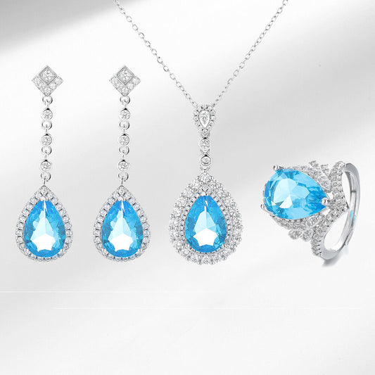 Women's Fashionable Elegant Natural Aquamarine Colored Gems Jewelry Set