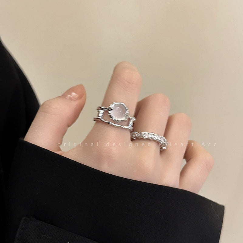 Moonstone Diamond Two-piece Female Niche Design French Simple Index Rings