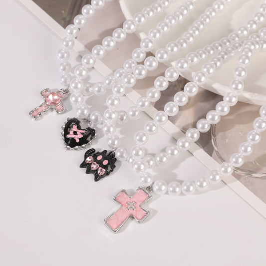 Gothic Retro Pink Cross Cat Stringed Pearls Necklaces