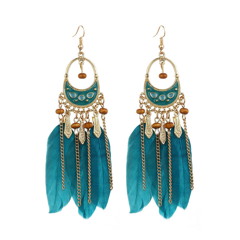 Bohemian Long Feather Personality Chain Vintage Earrings