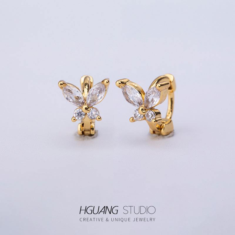 Gold Micro Inlaid Zircon Ear Bone Butterfly Crown Heart-shaped Earrings