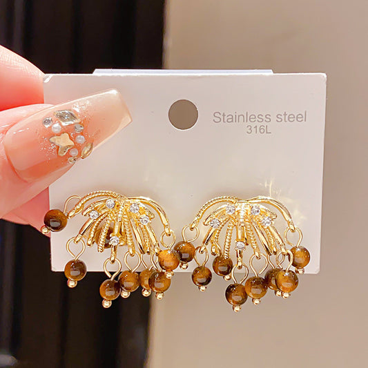 Women's Sier Needle Retro Diamonds Tigereye Fireworks Tassel Fashion Earrings