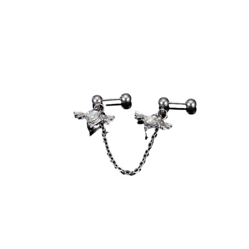 Sweet Cool Chain Wings Titanium Steel Double Female Piercing Earrings