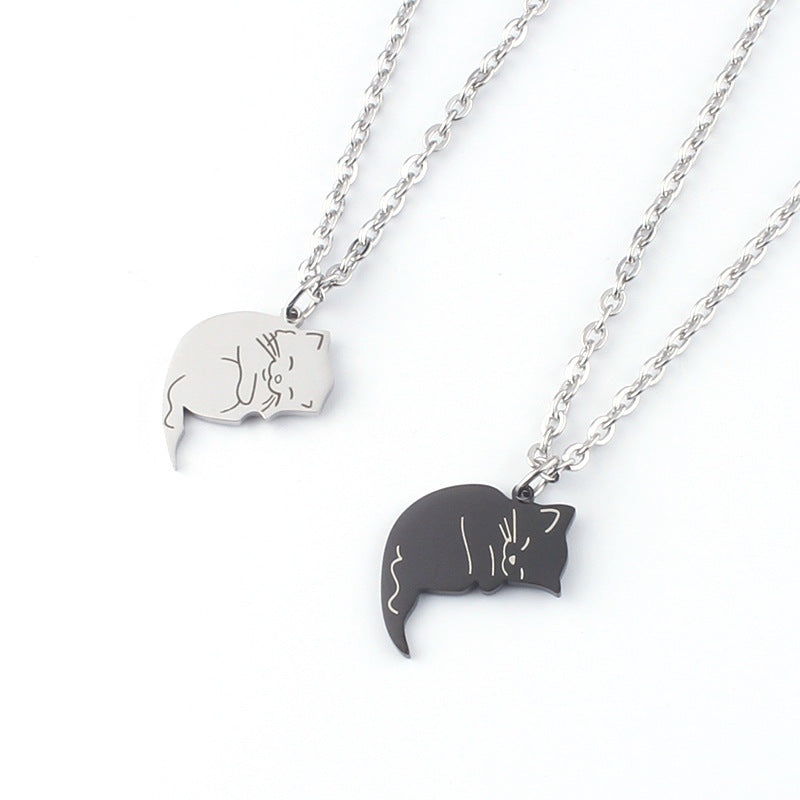 Men's White Cat Stainless Steel Cute Couple Necklaces