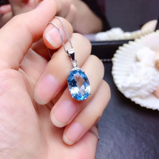 Egg-shaped Artificial Ocean Blue Topaz Female Live Pendants
