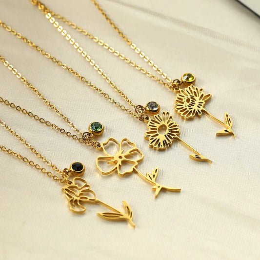 Simple December Flower Gold-plated Stainless Steel Birthstone Gift Necklaces