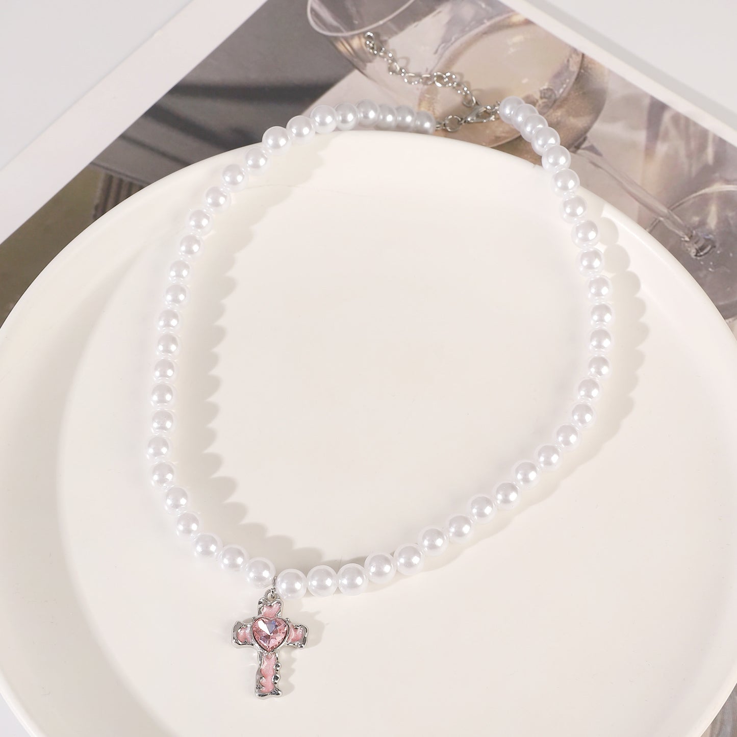 Gothic Retro Pink Cross Cat Stringed Pearls Necklaces