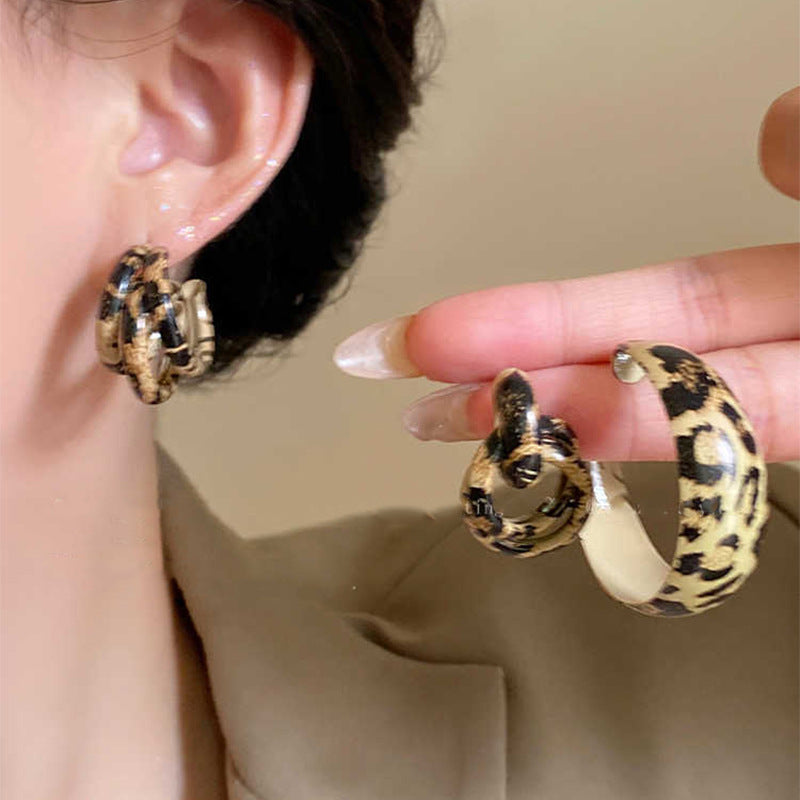 Sier Needle Simple Leopard Print Geometric Earrings