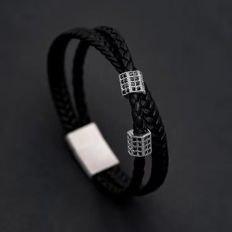 Women's & Men's Titanium Steel Leather Strap Handmade Woven Stainless Retro Bracelets