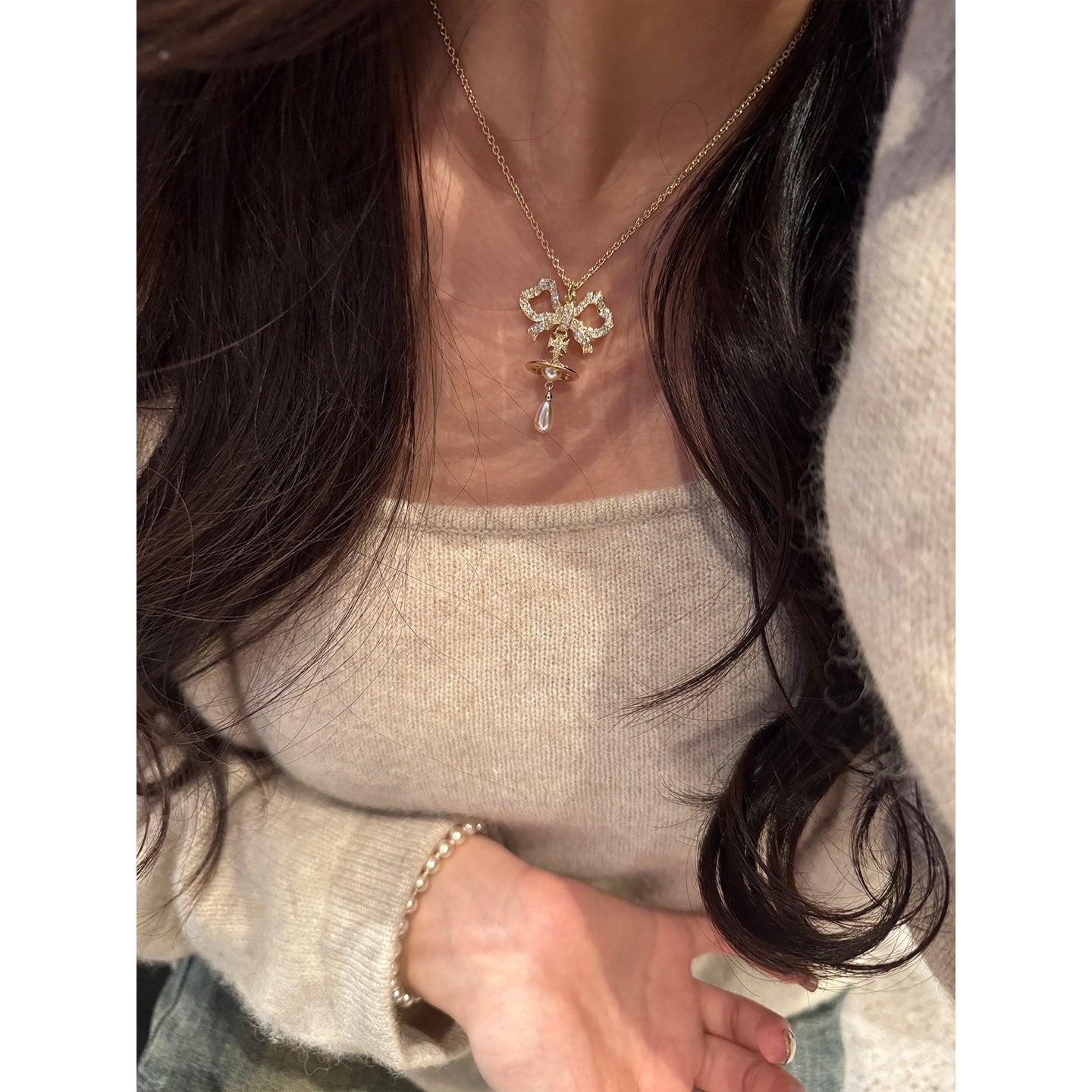 Chain Fine Inlaid Ribbon Water Drop Necklaces