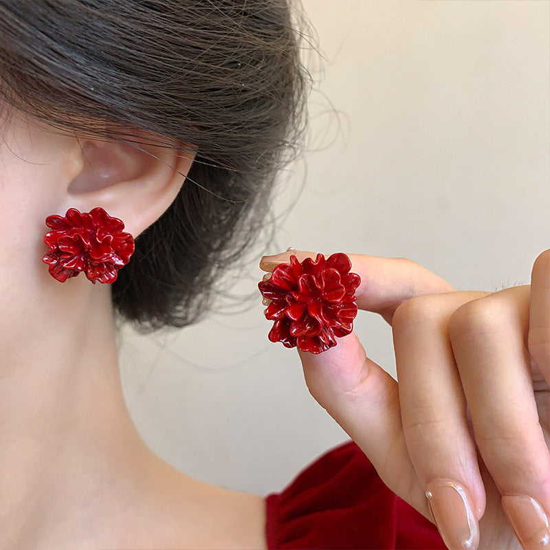 Network Ear High-grade Red Retro Style White Earrings