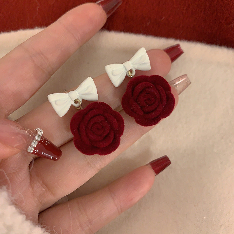 Women's Red Veet Camellia Flocking Bow Rose Earrings