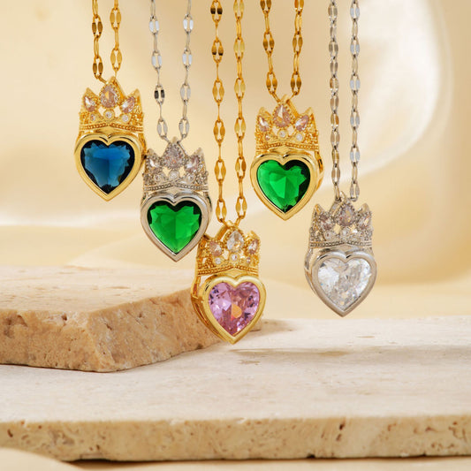 Exquisite Crown Heart Shape Copper Inlaid Necklaces