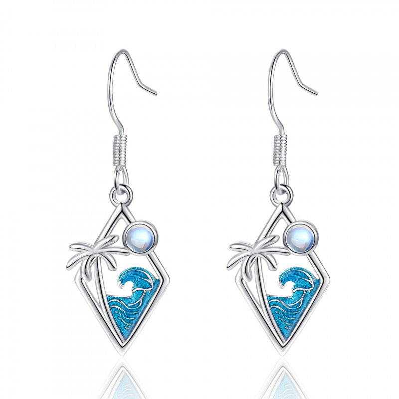 Decoration Design Wave Coconut Tree Moonstone Earrings