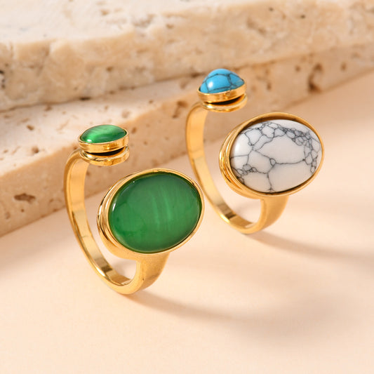 Turquoise Female Fashion Temperament Oval Inlaid Jewel Open Rings