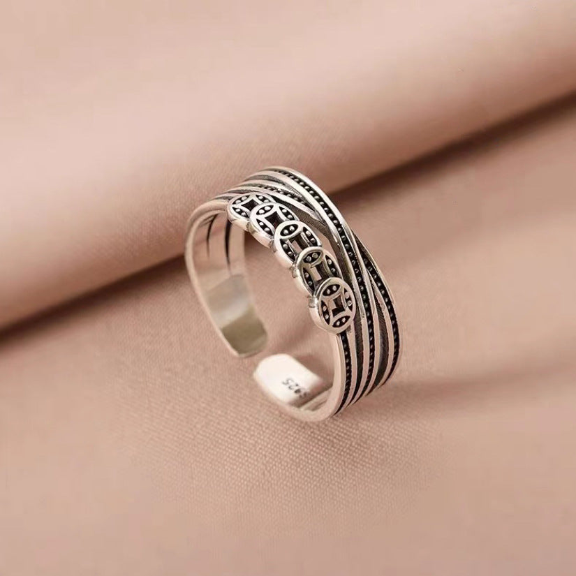 Luck Changing Coin Copper Female Retro Style Personality Chinese Winding Rings