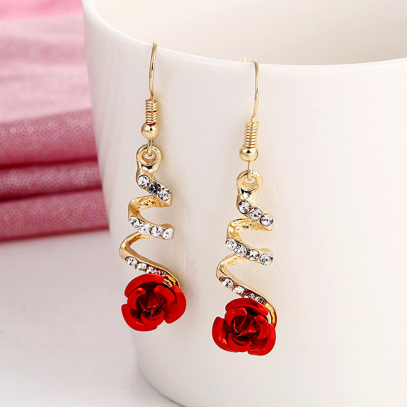 Women's Flower Long Red Rose Rhinestone Tassel Earrings